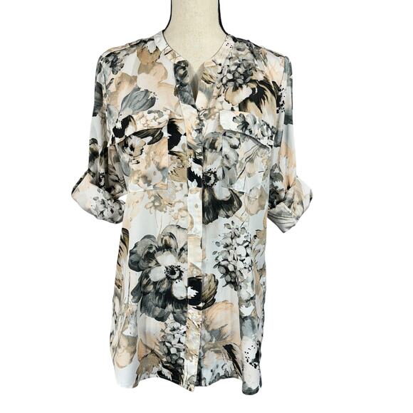 Calvin Klein Medium Top Floral Roll-Tab Sleeves V-Neck Pockets Lightweight Multi - Picture 2 of 12